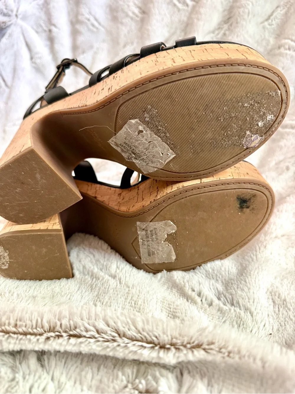 Crown Vintage Black Strappy Cork Platform Heels